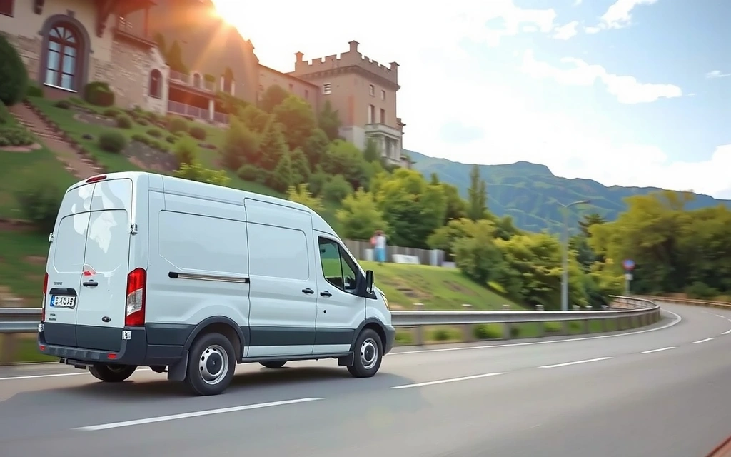 Furgone delle consegne che guida su una strada in Italia, con sfondo paesaggistico