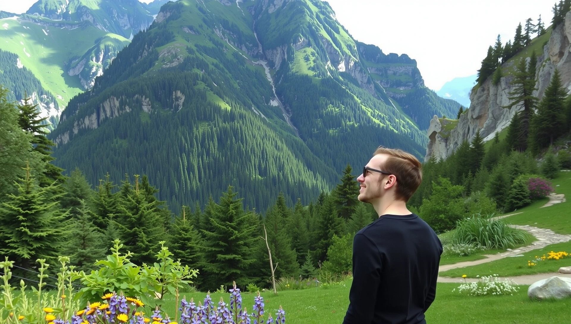 Persona serena in un paesaggio naturale incontaminato con montagne, foreste e fiori selvatici