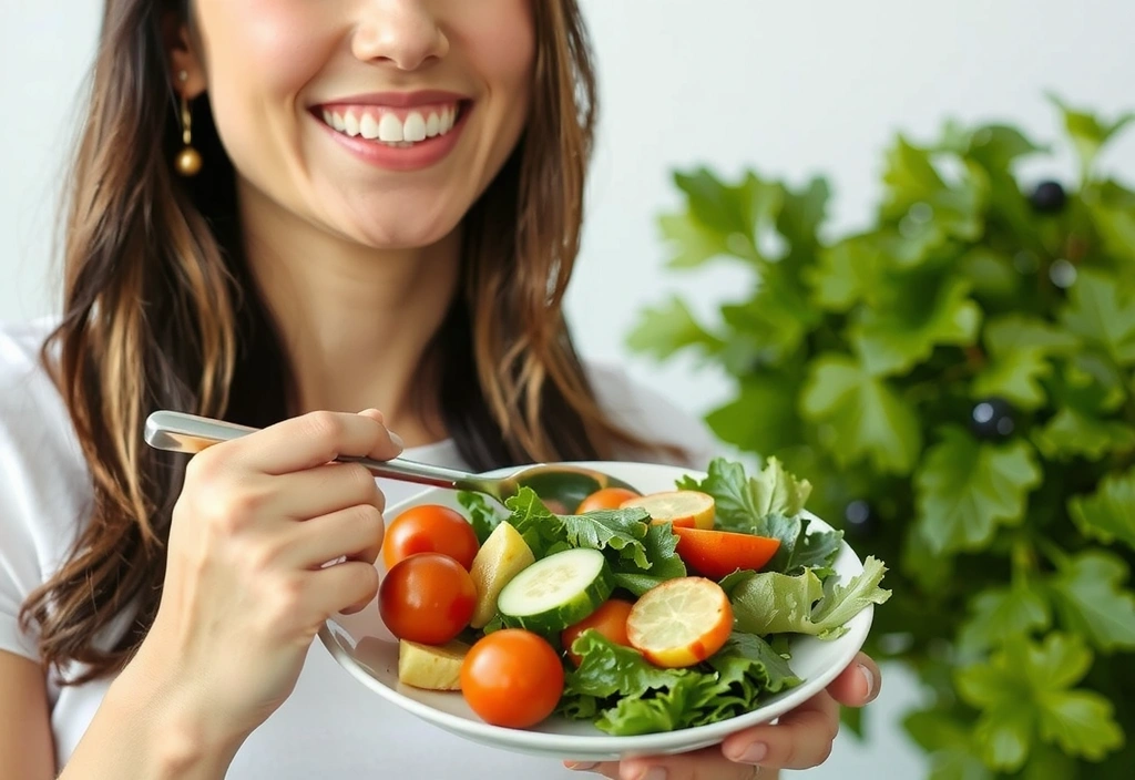 Donna che mangia verdure fresche